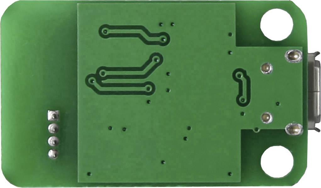 Grüne elektronische Leiterplatte mit sichtbaren Schaltkreisbahnen und Kontakten, rechteckige Form mit zwei runden Öffnungen.