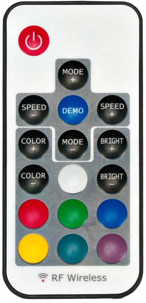 Fernbedienung mit Tasten für Power, Modus, Geschwindigkeit, Farbe und Helligkeit. Bunte Knöpfe unten für direkte Farbauswahl.