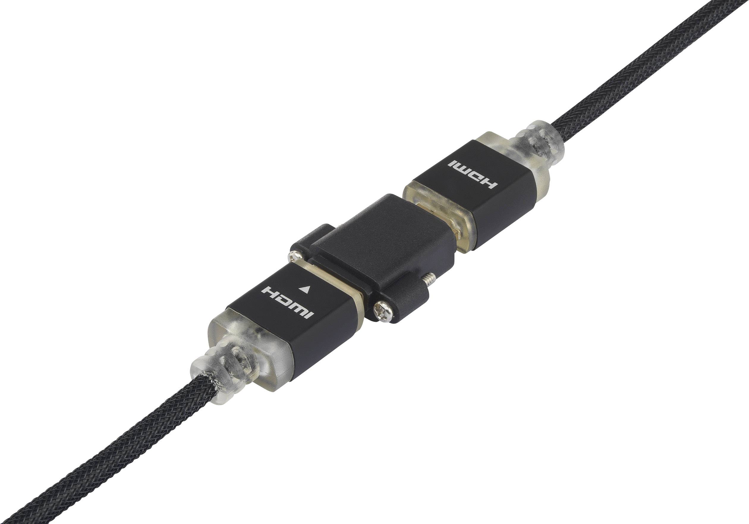 HDMI-Kabel mit einem Adapter, der zwei Kabelenden verbindet. Die Verbindungen sind stabil und sichern die Datenübertragung.