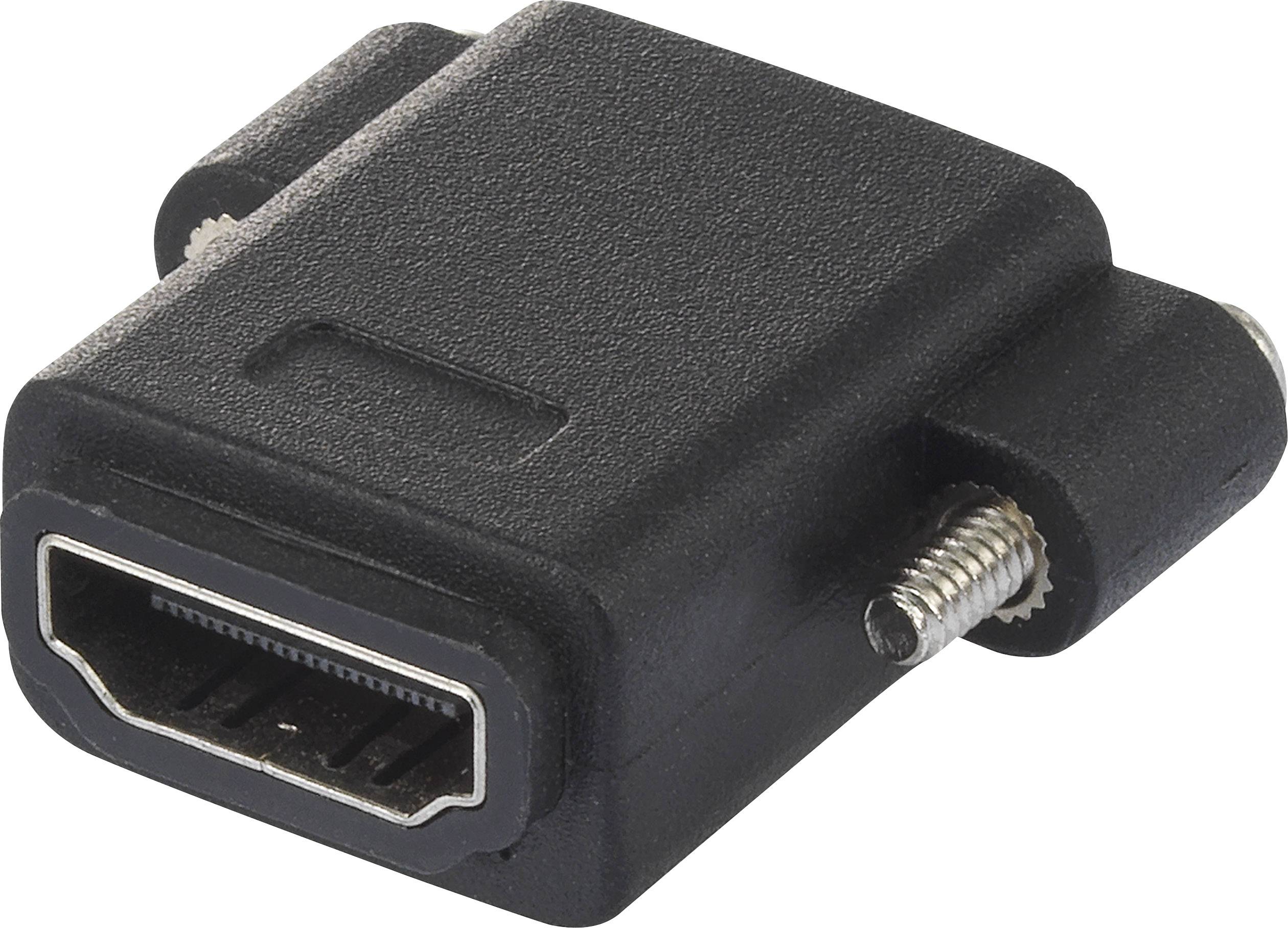Ein schwarzer HDMI-Adapter mit einem HDMI-Anschluss und zwei seitlichen Schrauben.