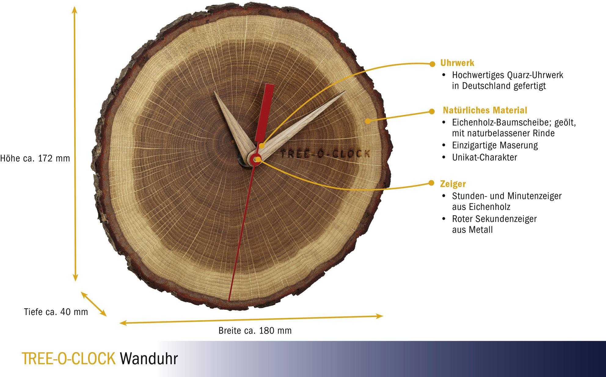 'Tree-O-Clock Wanduhren' aus Eichenholz, Höhe 172 mm, Breite 180 mm, Tiefe 40 mm. Quarzwerk, gefertigt in Deutschland, mit roten Zeigern.