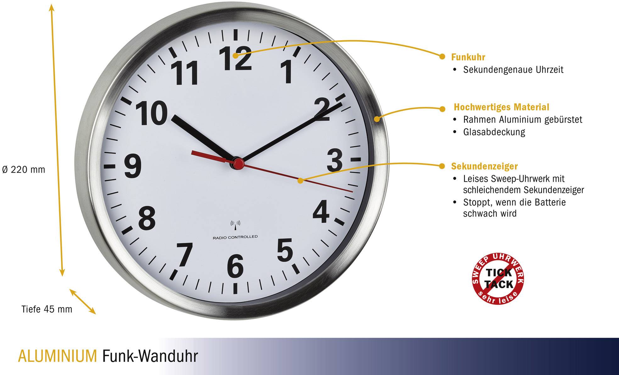 Eine runde Funk-Wanduhr aus Aluminium mit weißem Zifferblatt und schwarzen Ziffern. Markiert: genaue Uhrzeit, hochwertiges Material, leiser Sekundenzeiger mit schleichender Bewegung.