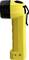 Gelbe Taschenlampe aus Kunststoff mit schwarzem Kopf und Clip an der Seite, vertikal aufgestellt.