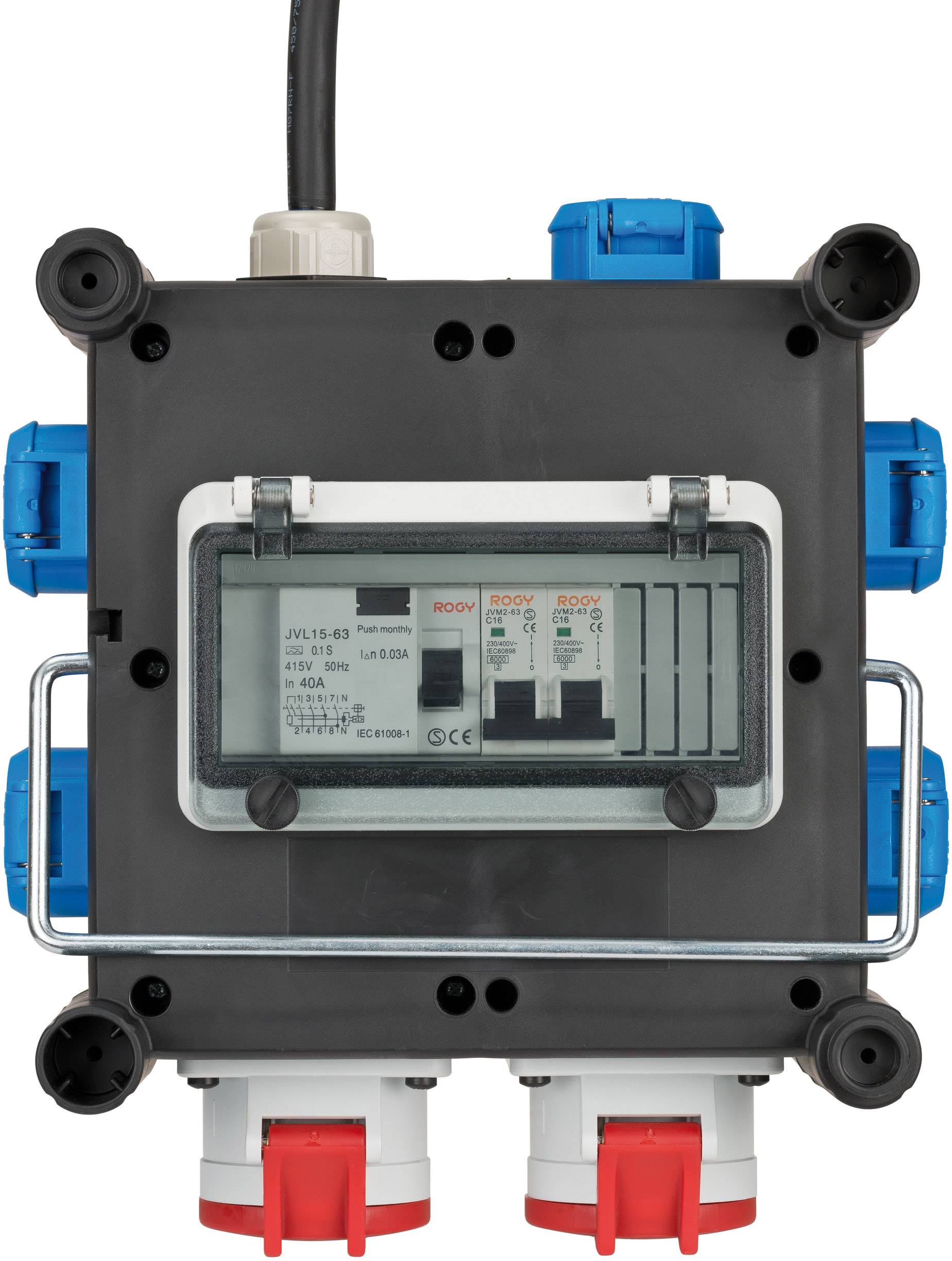 Ein elektrischer Verteilerkasten mit mehreren blauen Steckdosen und zwei roten, abgebildet von vorne; enthält Schutzschalter.