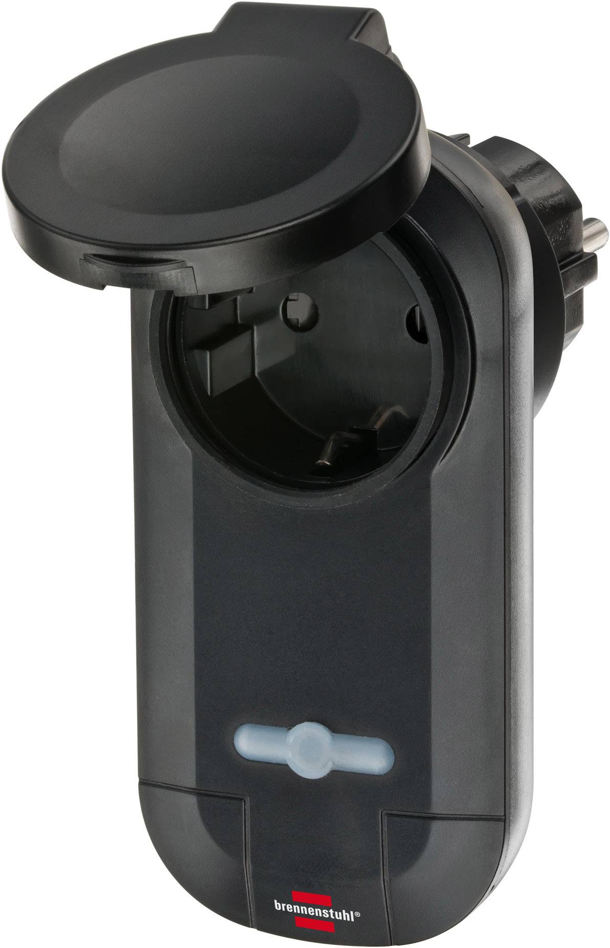 Schwarze Outdoor-Steckdose mit Klappdeckel, geeignet für Außenbereiche, bietet Schutz vor Spritzwasser.