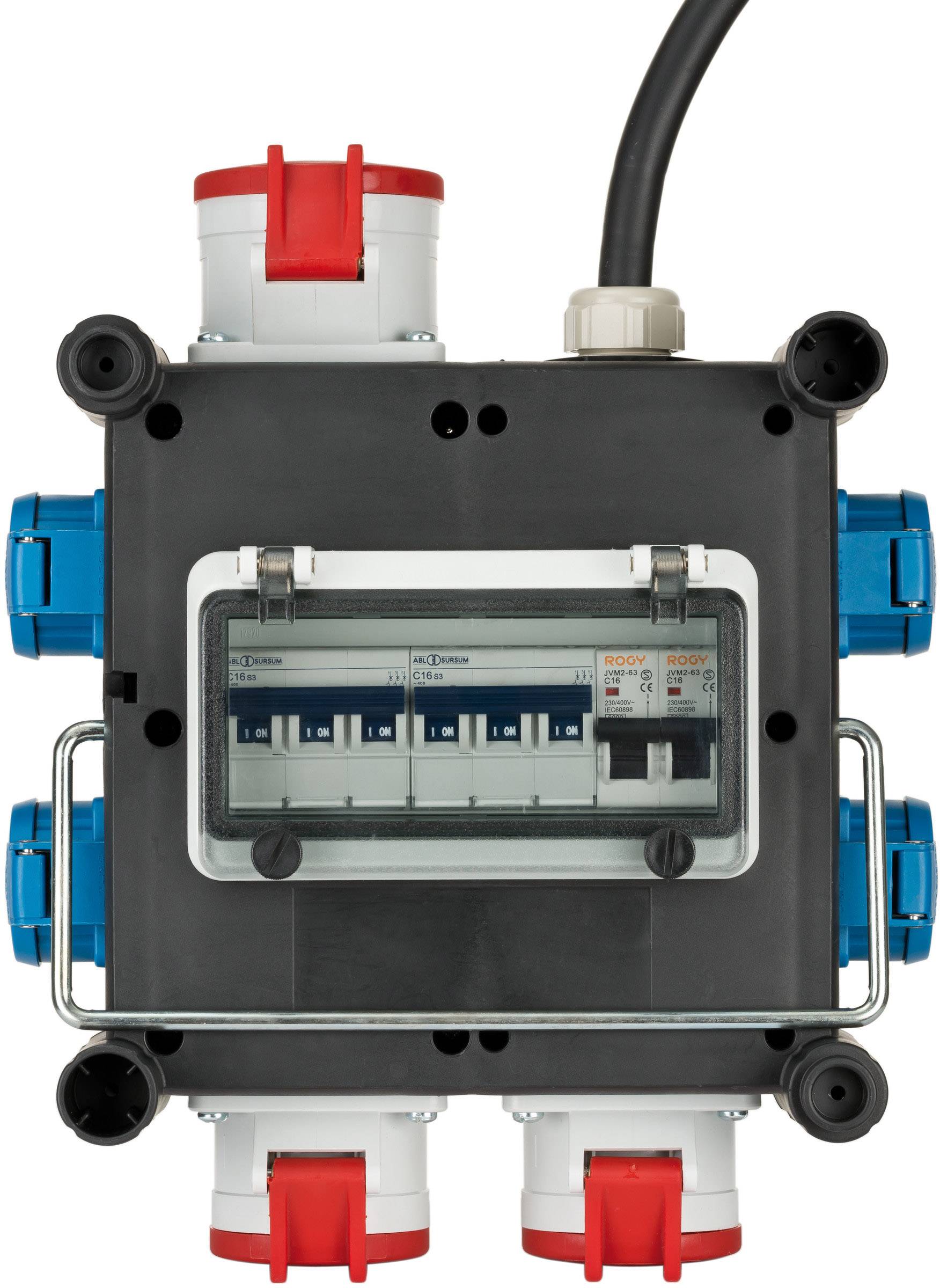 Ein schwarzes Verteilergehäuse mit mehreren roten und blauen Steckdosen und einem zentralen Sicherungskasten, der auf Stromverteilung hinweist.