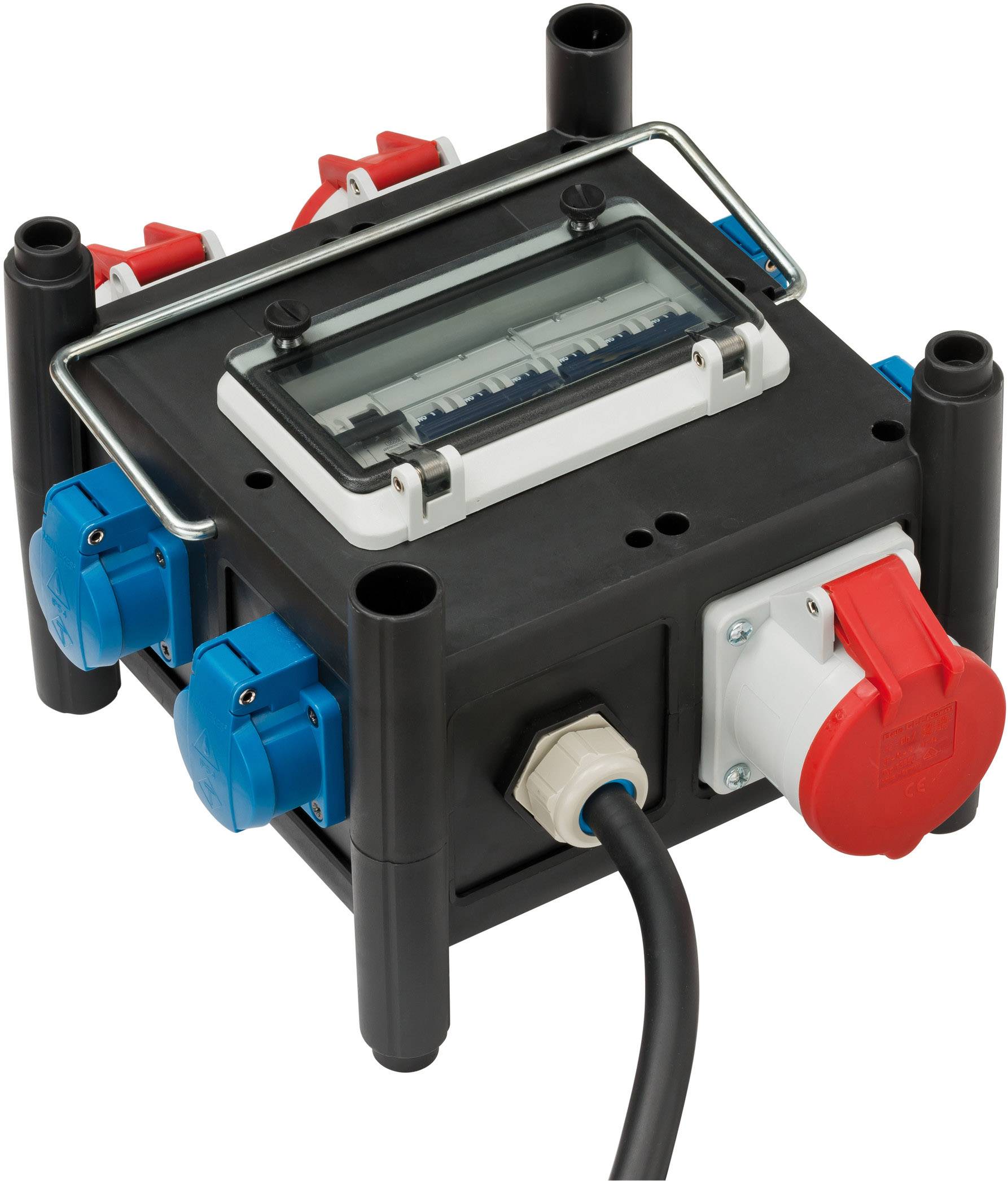 Ein schwarzer Stromverteiler mit mehreren blauen und roten Steckdosenanschlüssen, geeignet für den Einsatz auf Baustellen.