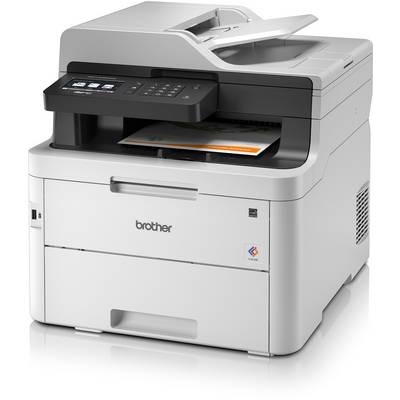 Ein grauer Multifunktionsdrucker mit Scanner und Kopierer, bereit zum Drucken, auf einem weißen Hintergrund.