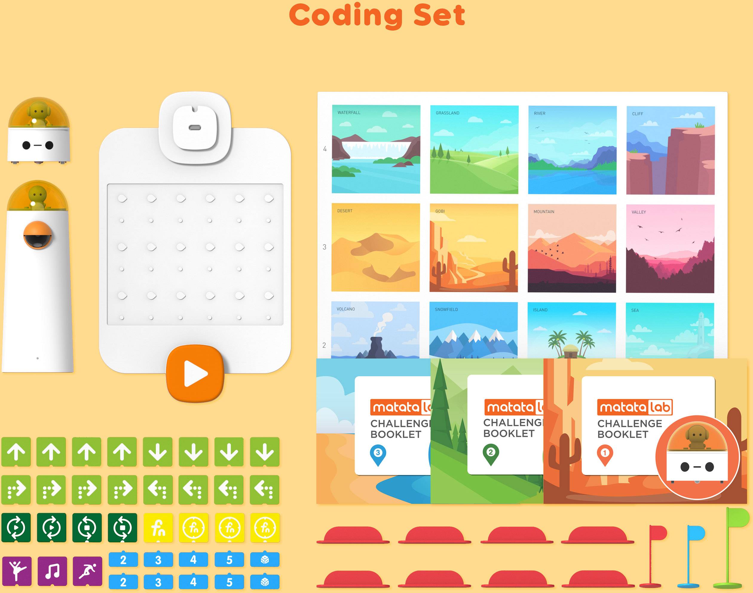 'Coding Set' mit Roboter, Steuerungsfeld, Codierkarten und zwei 'Challenge Booklet'. Thema: Wüste mit Landschaftsbildern.