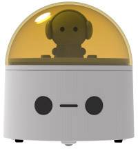 Ein kleiner Roboter mit einem orangefarbenen, kuppelförmigen Kopf, der wie ein DJ aussieht.