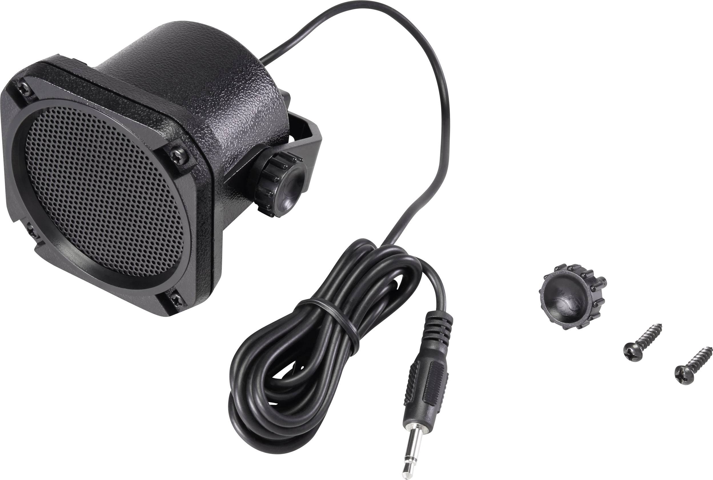 Ein schwarzer Lautsprecher mit Kabel und 3,5-mm-Klinkenstecker, zwei Schrauben, einer schwarzen Abdeckkappe und einem Einstellknopf.