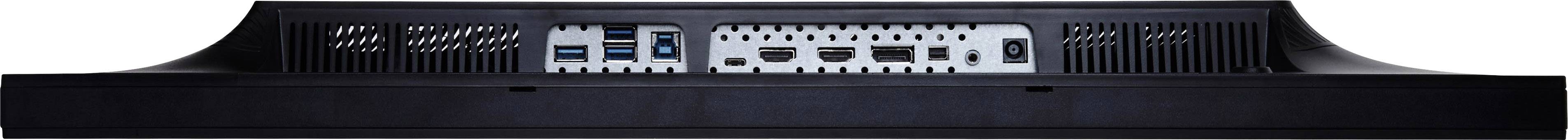 Rückseite eines Monitors mit mehreren Anschlüssen, darunter HDMI- und USB-Ports, vor einem schwarzen Gehäuse.