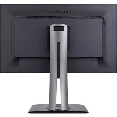 Ein schwarzer ViewSonic Monitor von hinten, mit einem eleganten silbernen Standfuß.