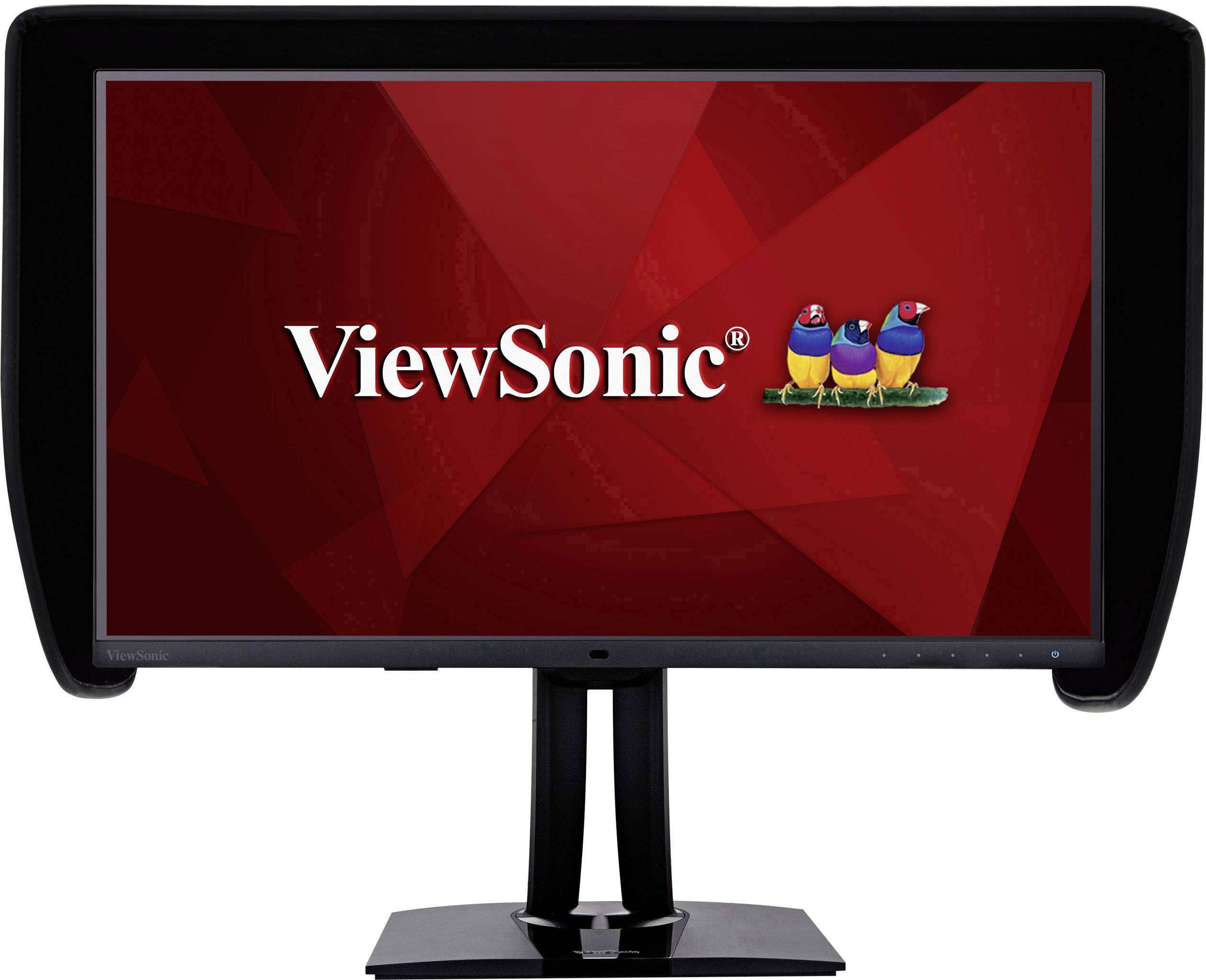 Ein Computermonitor mit rotem Hintergrund zeigt das Logo 'ViewSonic' und drei bunte Vögel rechts daneben.