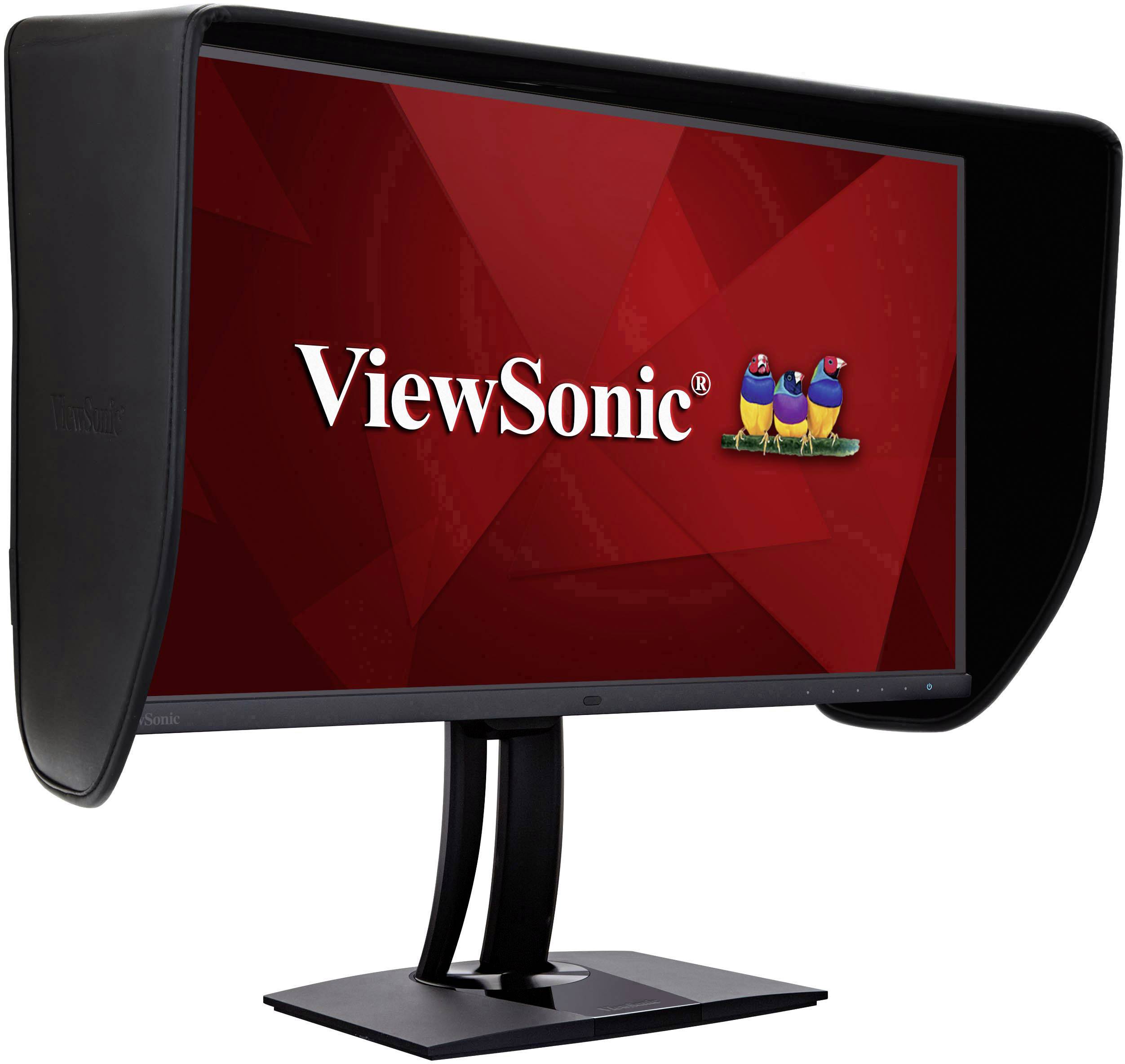 Der abgebildete Monitor zeigt das Logo von ViewSonic vor einem roten Hintergrund und hat seitliche Blendschutzwände.