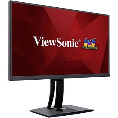Ein schwarzer Computerbildschirm mit der Aufschrift 'ViewSonic' und bunten Vogel-Logos auf einem rot gemusterten Hintergrund.