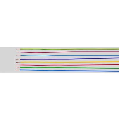 Acht verschiedenfarbige isolierte elektrische Drähte, von oben nach unten: rot, rotbraun, blau, violett, gelb, grün, orange und schwarz.