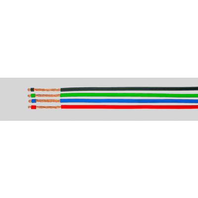 Vier bunte isolierte Elektrokabel – schwarz, grün, blau und rot – liegen parallel auf grauem Hintergrund.