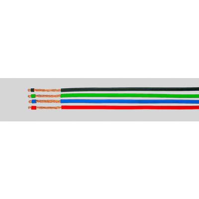 Vier farbige Lautsprecherkabel (schwarz, grün, blau, rot) liegen parallel nebeneinander auf grauem Hintergrund.