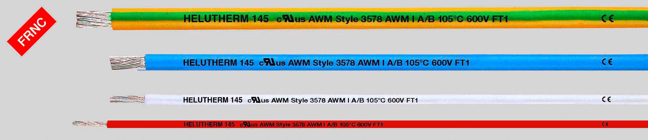 Vier Kabel in unterschiedlichen Farben (Gelb, Blau, Weiß, Rot) mit der Aufschrift 'HELUTHERM 145' und Spezifikationen.