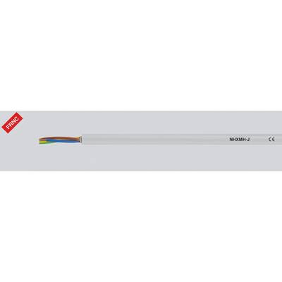 Ein weißes Elektrokabel mit der Aufschrift 'NHXMH-J'. Links sind die Kupferdrähte sichtbar, darunter ein gelb-grüner Schutzleiter. Links oben das rote FRNC-Label.