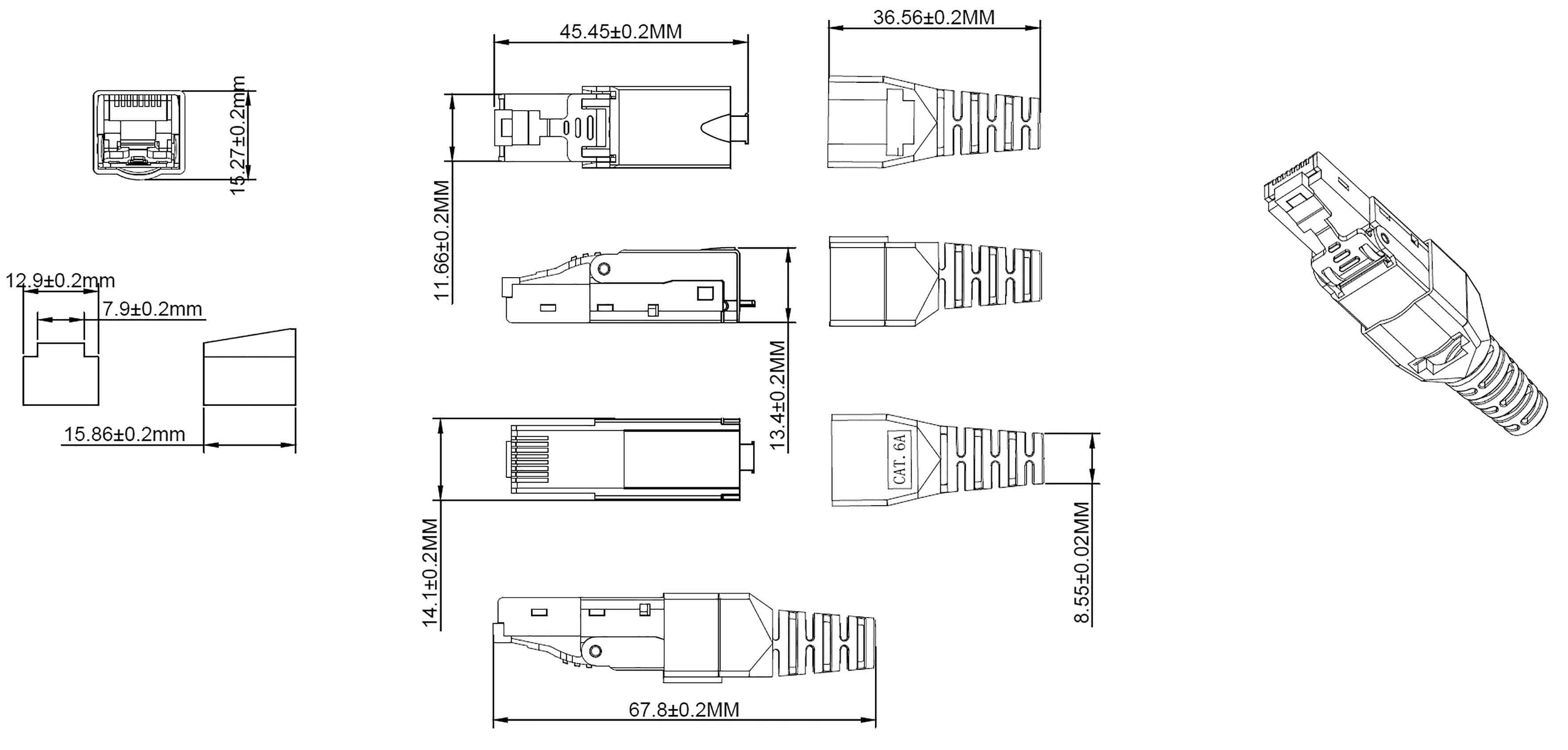 Technische Zeichnung eines Ethernet-Steckers mit verschiedenen Ansichten und Abmessungen. Zeigt Längen- und Breitenmaße in Millimetern.