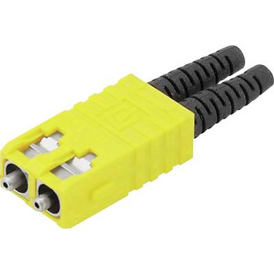 Gelber Glasfaserstecker mit zwei schwarzen Kabeln, meist für Netzwerkverbindungen genutzt.