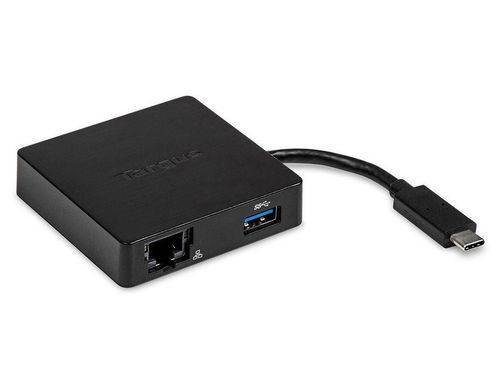 Ein schwarzer USB-C-Hub mit Ethernet-Anschluss und USB-Anschluss. Er liegt auf einer weißen Oberfläche.