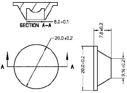 Technische Zeichnung eines Teils mit drei Ansichten: Querschnitt oben, Draufsicht und Seitenansicht; zeigt Maße und Toleranzen.