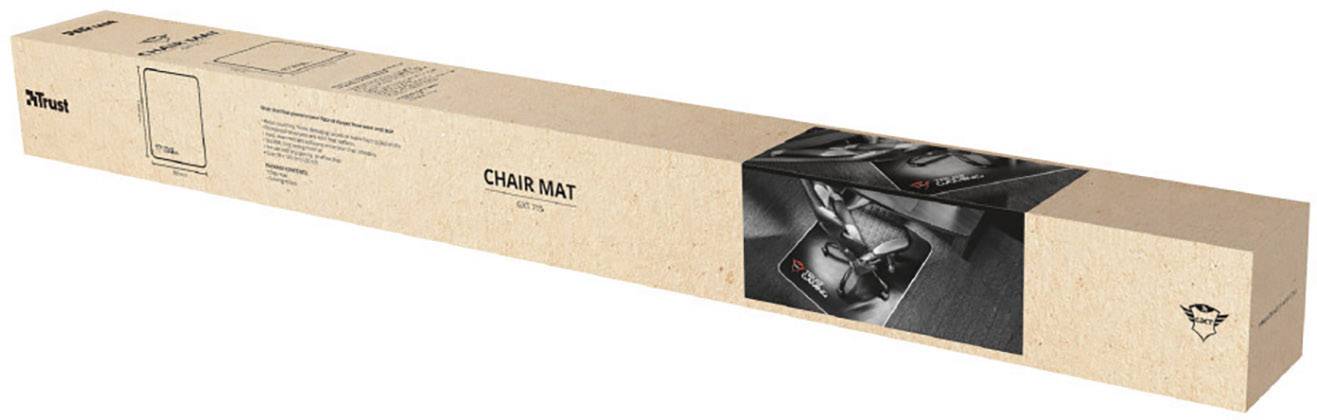 Eine Verpackung für eine Stuhlmatte der Marke Trust, mit einem Bild der Matte im Einsatz und Produktinformationen auf der Seite.