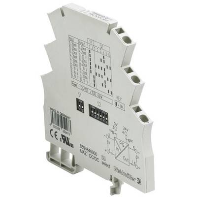 Ein elektronisches Modul mit Anschlussklemmen und Beschriftungen, darunter 'MAZ DC/DC', hergestellt in Deutschland, Marke Weidmüller.