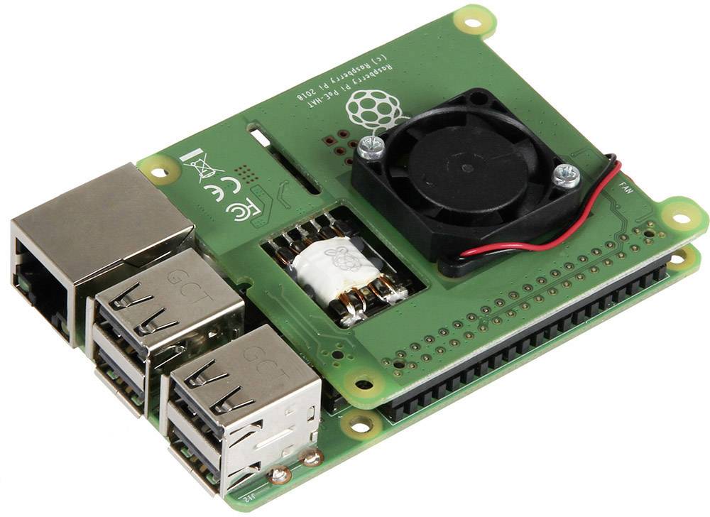 Raspberry Pi-Computerplatine mit Lüfter und mehreren USB-Anschlüssen; verwendet für Programmieren, Elektronikprojekte und Bildung.