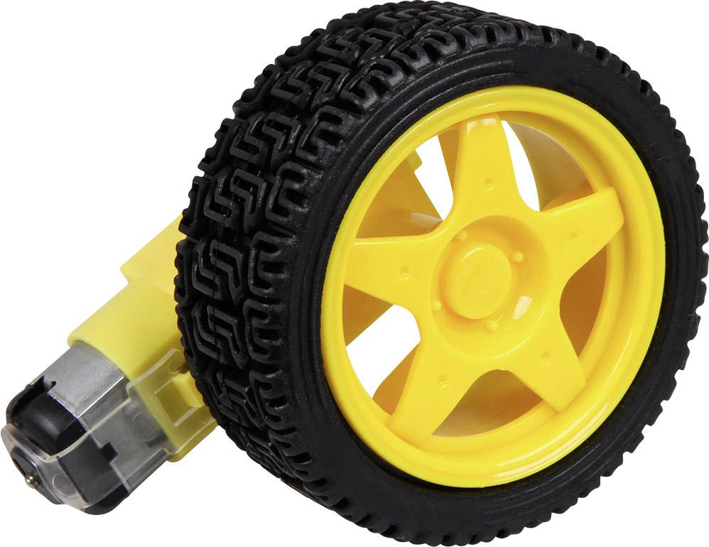 Schwarzes Gummirad mit gelber Felge, befestigt an einem kleinen Elektromotor. Geeignet für den Einsatz in kleinen Roboterprojekten.