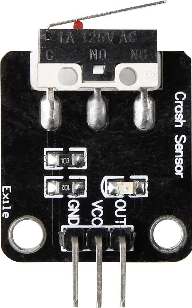 Crash-Sensor-Modul mit Mikro-Schalter auf schwarzer Platine. Beschriftungen: 'Crash Sensor', 'GND', 'VCC', 'OUT'.