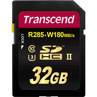 SD-Karte von Transcend mit 32GB Speicher, Lesegeschwindigkeit 285 MB/s, Schreibgeschwindigkeit 180 MB/s, Geschwindigkeitsklasse 10.