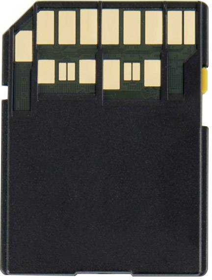 Eine SD-Speicherkarte mit goldenen Kontaktflächen auf der oberen Seite, typisch für die Speicherung digitaler Daten in elektronischen Geräten.