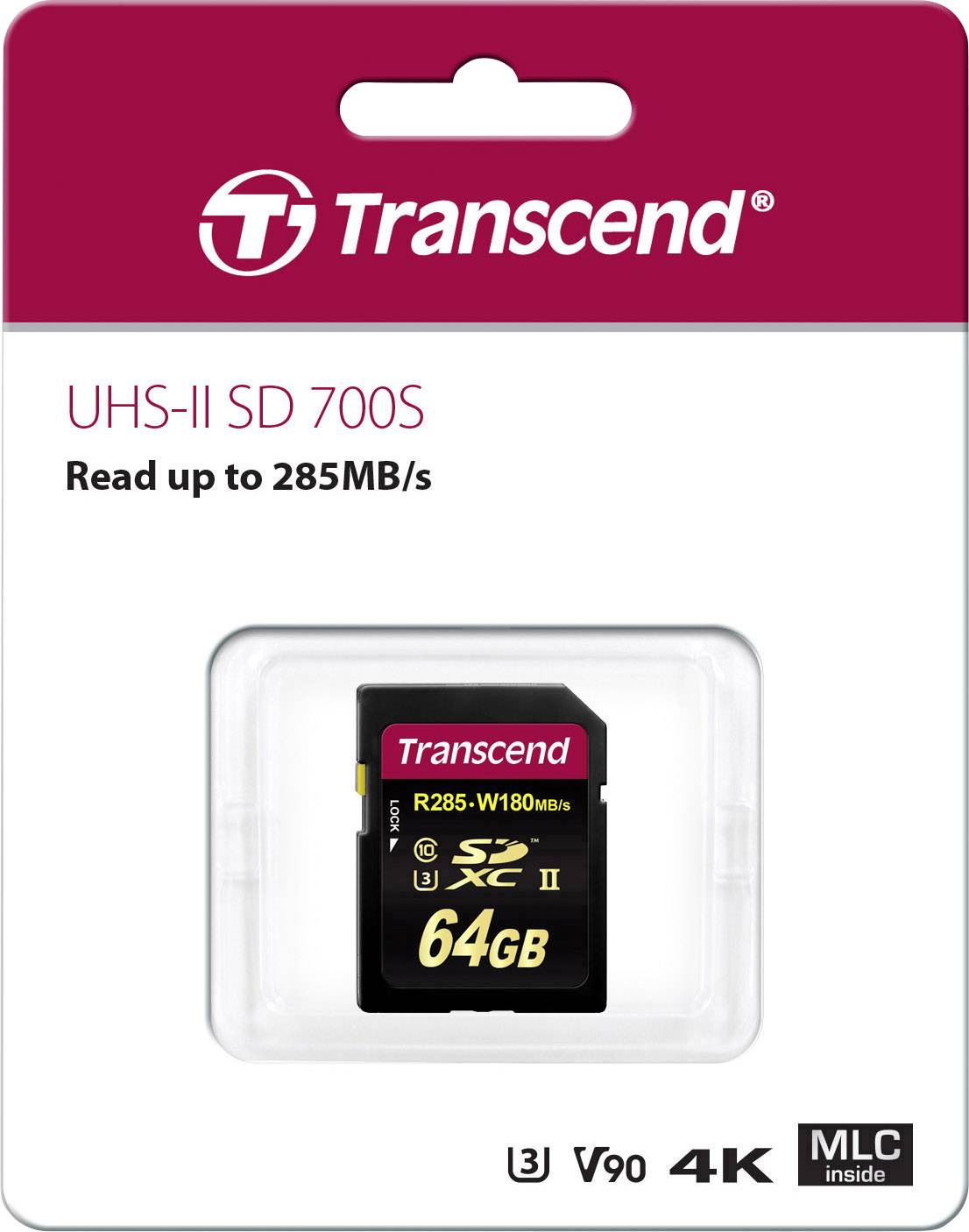 Eine Transcend UHS-II SD-Karte mit 64 GB, unterstützt Geschwindigkeiten bis zu 285 MB/s und ist geeignet für 4K-Videoaufnahmen.