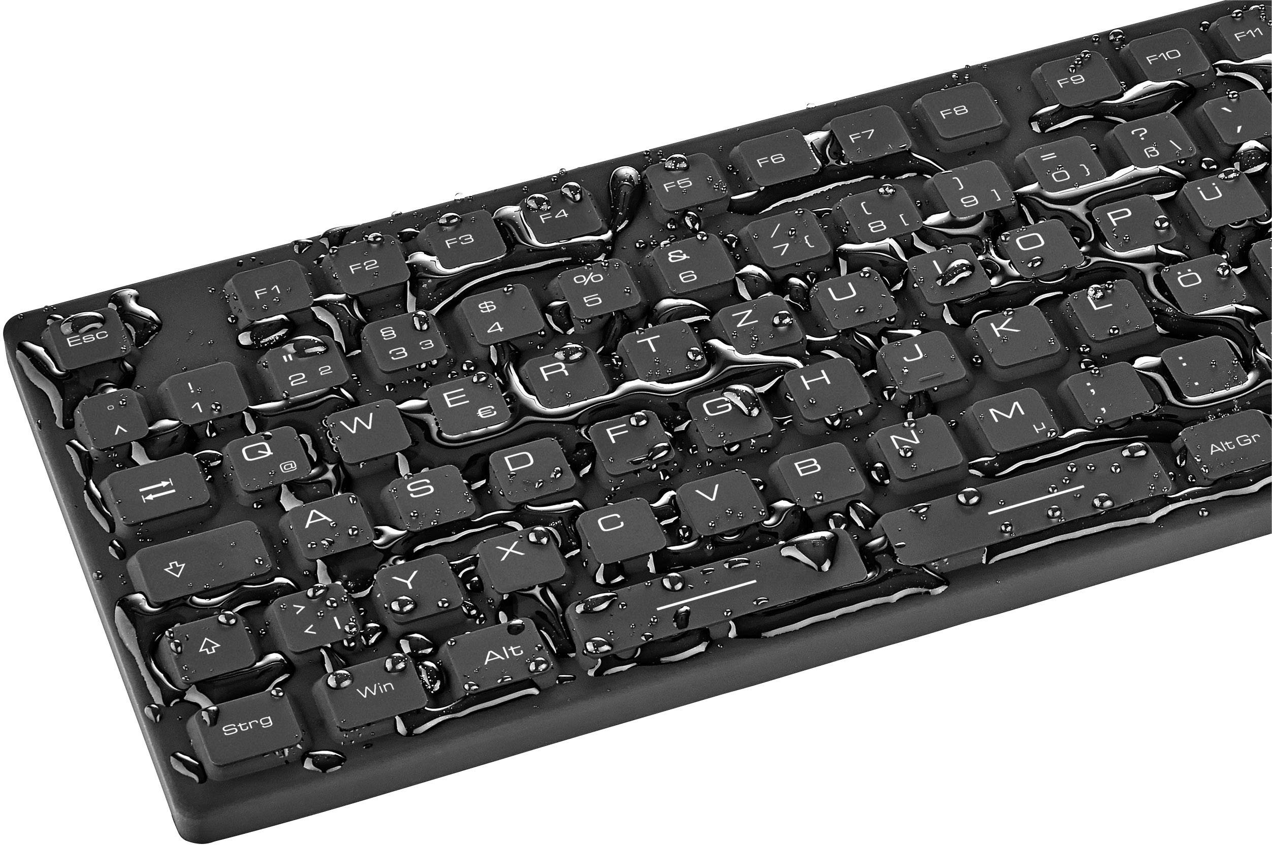 Tastatur mit Wassertropfen, die Robustheit gegen Flüssigkeiten symbolisieren.