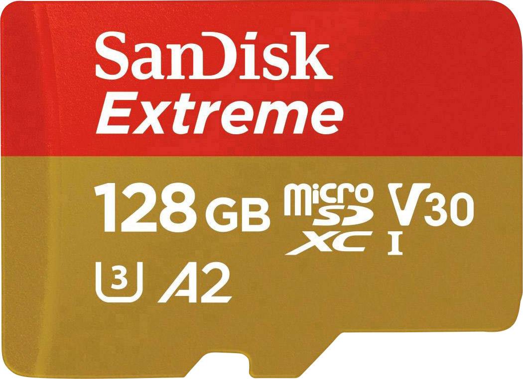 SanDisk Extreme Speicherkarte mit 128 GB Kapazität, geeignet für schnelle Datenübertragung, MicroSD, V30, A2 und UHS-I Technologie.