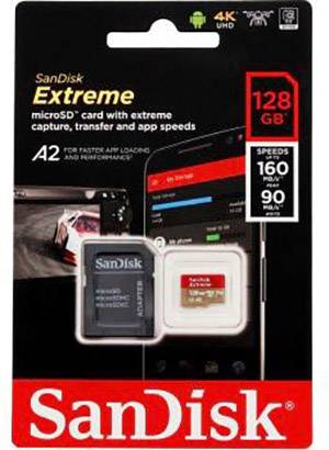 SanDisk Extreme microSD-Karte, 128 GB, A2 für schnelle App-Performance, Geschwindigkeiten: Lesen 160 MB/s, Schreiben 90 MB/s.