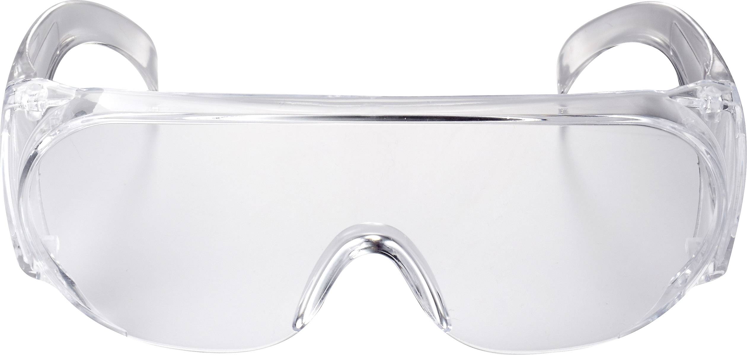 Eine transparente Schutzbrille mit klaren Gläsern und seitlichem Schutz.