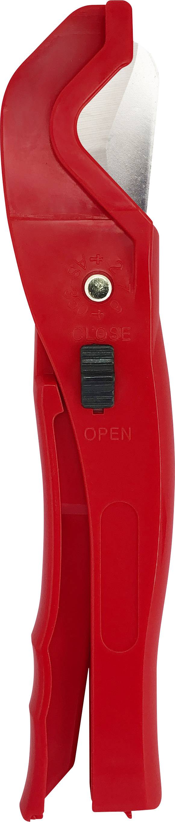 Rote, geschlossene Rohrschneiderzange mit ergonomischem Griff und einer scharfen Klinge, geeignet zum Schneiden von Kunststoffrohren.