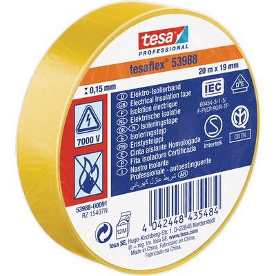 Gelbes tesa Elektro-Isolierband, 20m x 19mm. Details: '7000 V', 'IEC 60454-3-1-2/F-PVC/P90', CE-Kennzeichnung.