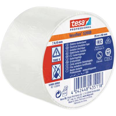 Klebeband 'tesaflex 53988', 25 m x 50 mm, Elektro-Isolierband, 7000 V, weiß, mit mehreren Produktinformationen und Sicherheitssymbolen.