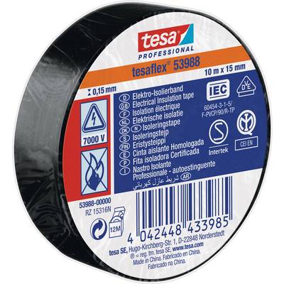 Rolle schwarzes Elektro-Isolierband 'tesaflex® 53988', 10 m x 15 mm, für Spannungen bis 7000 V, mit Sicherheitshinweisen.