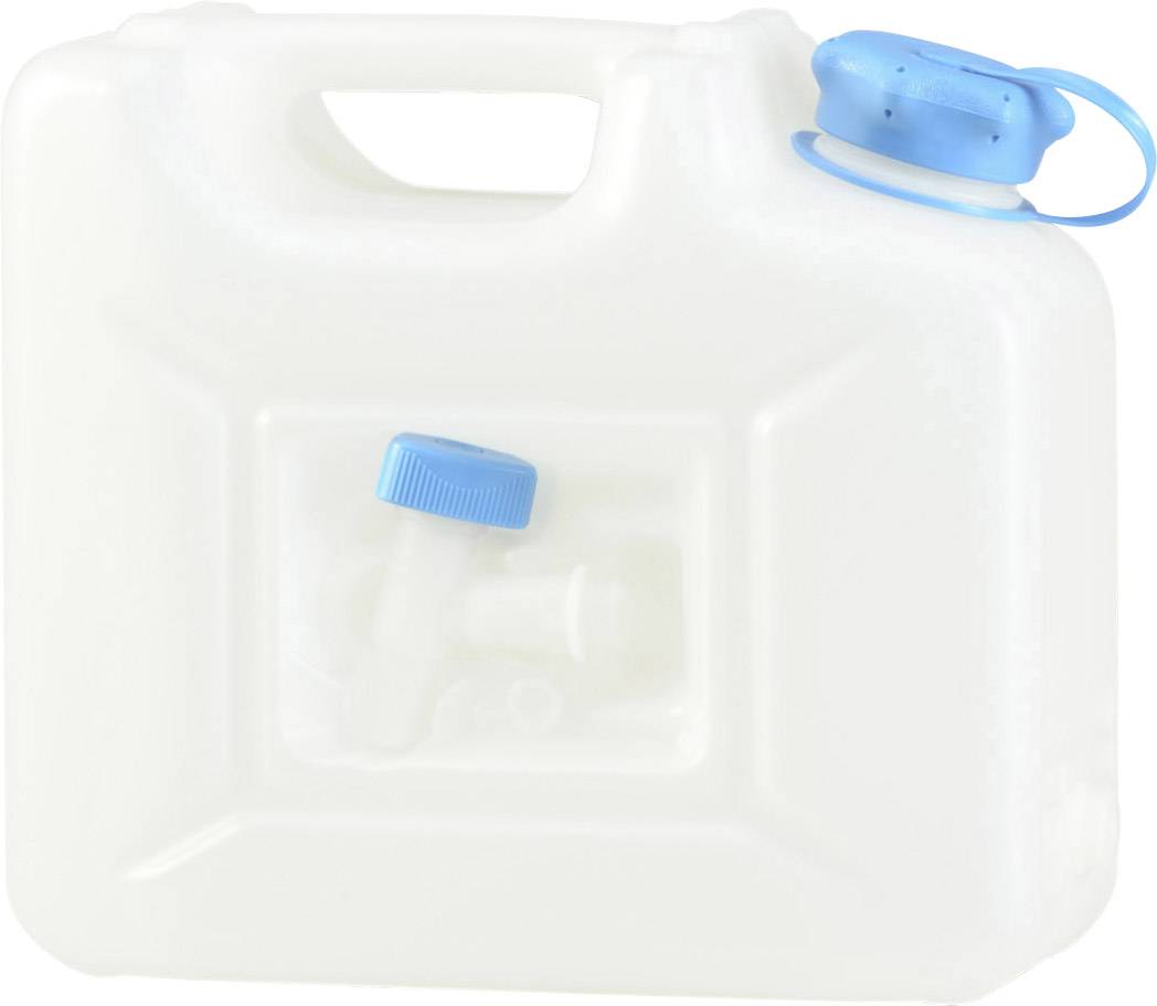 Ein weißer Wasserkanister mit blauem Deckel und Zapfhahn, geeignet für den Transport und die Lagerung von Flüssigkeiten.