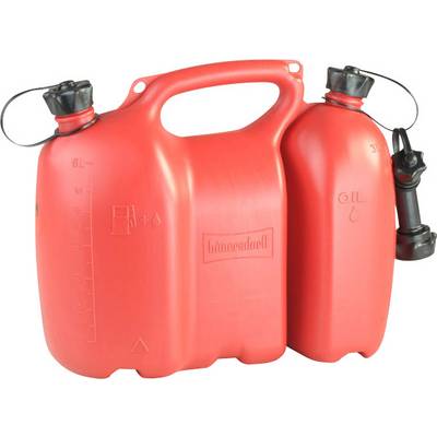 Roter Benzinkanister mit zwei Fächern, jeweils mit einem separaten schwarzen Verschluss. Skala und Maße sind auf der Seite sichtbar.