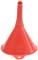 Ein roter Kunststofftrichter mit einem schmalen Ausguss und einem breiten, runden Grund. Geeignet für das Umfüllen von Flüssigkeiten.