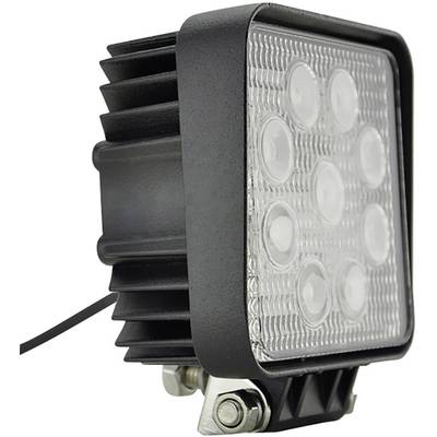 Schwarzer LED-Arbeitsscheinwerfer mit quadratischem Design und neun sichtbaren Leuchtelementen, montiert auf einem Metallhalter.