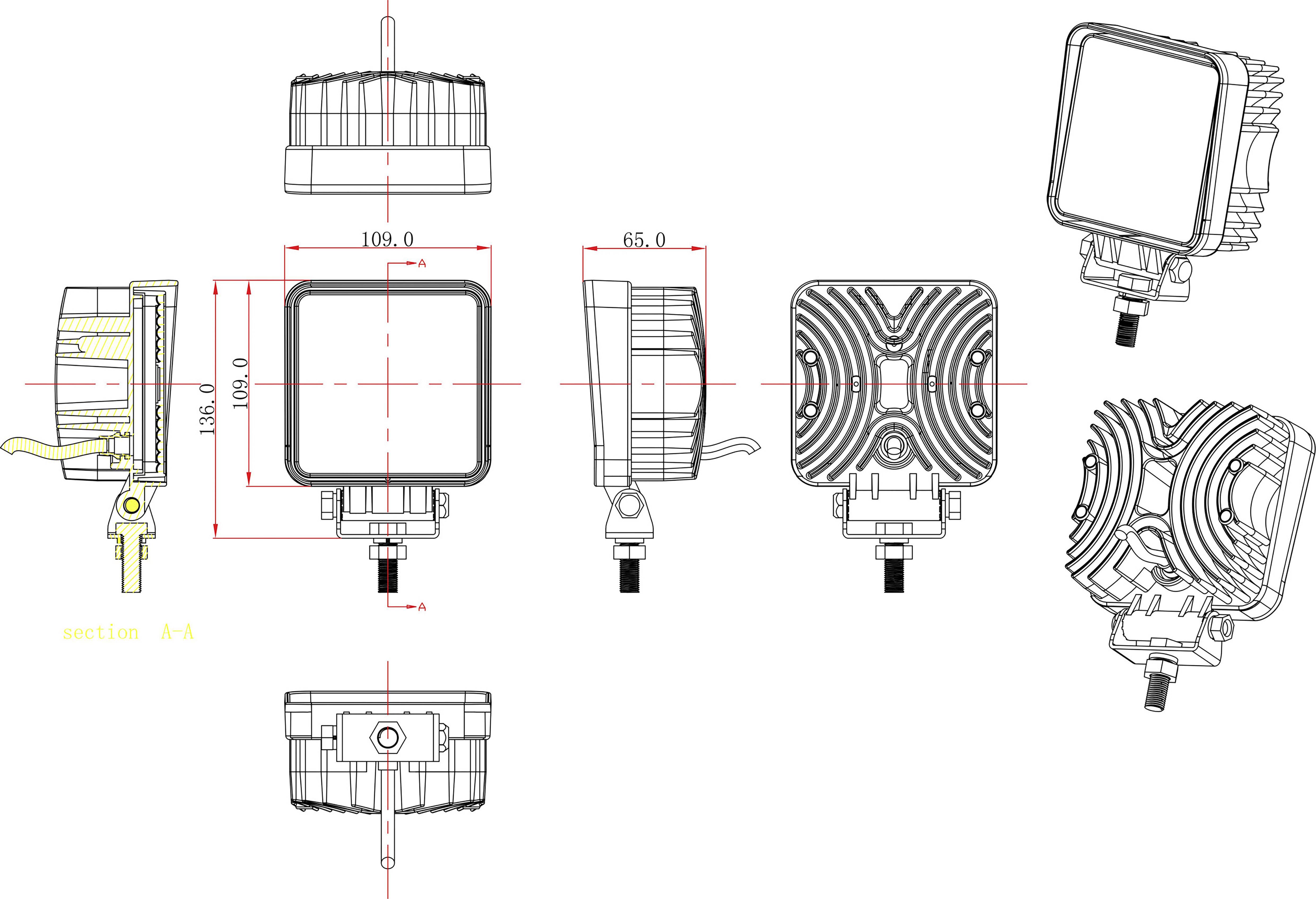 Technische Zeichnung einer quadratischen LED-Leuchte, zeigt Dimensionen und verschiedene Ansichten der Konstruktion.